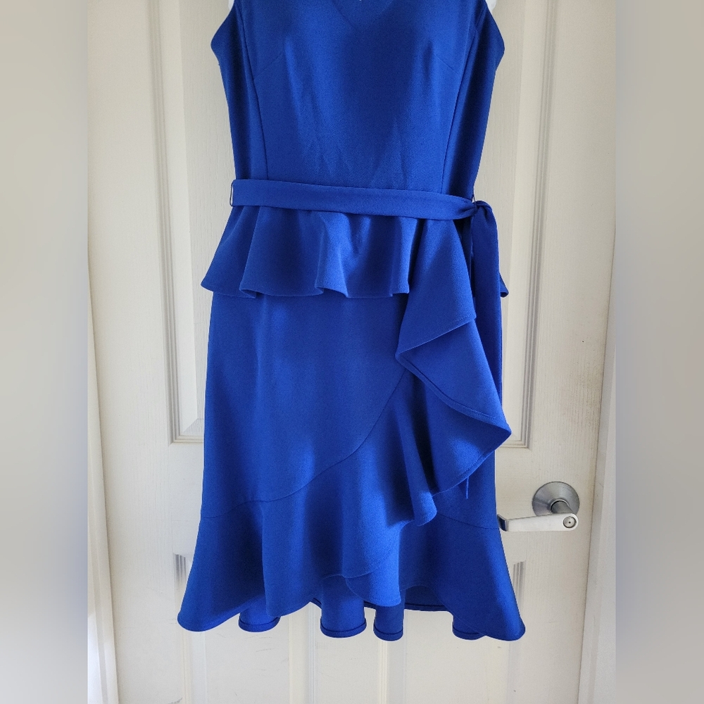 ✨️HP✨️Calvin Klein | NWOT Royal Blue Scuba Crepe V-Neck Ruffle Trim Midi Dress - Picture 9 of 13